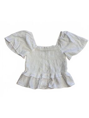 2bella White Smocked Peplum Top with Puff Sleeves Size S